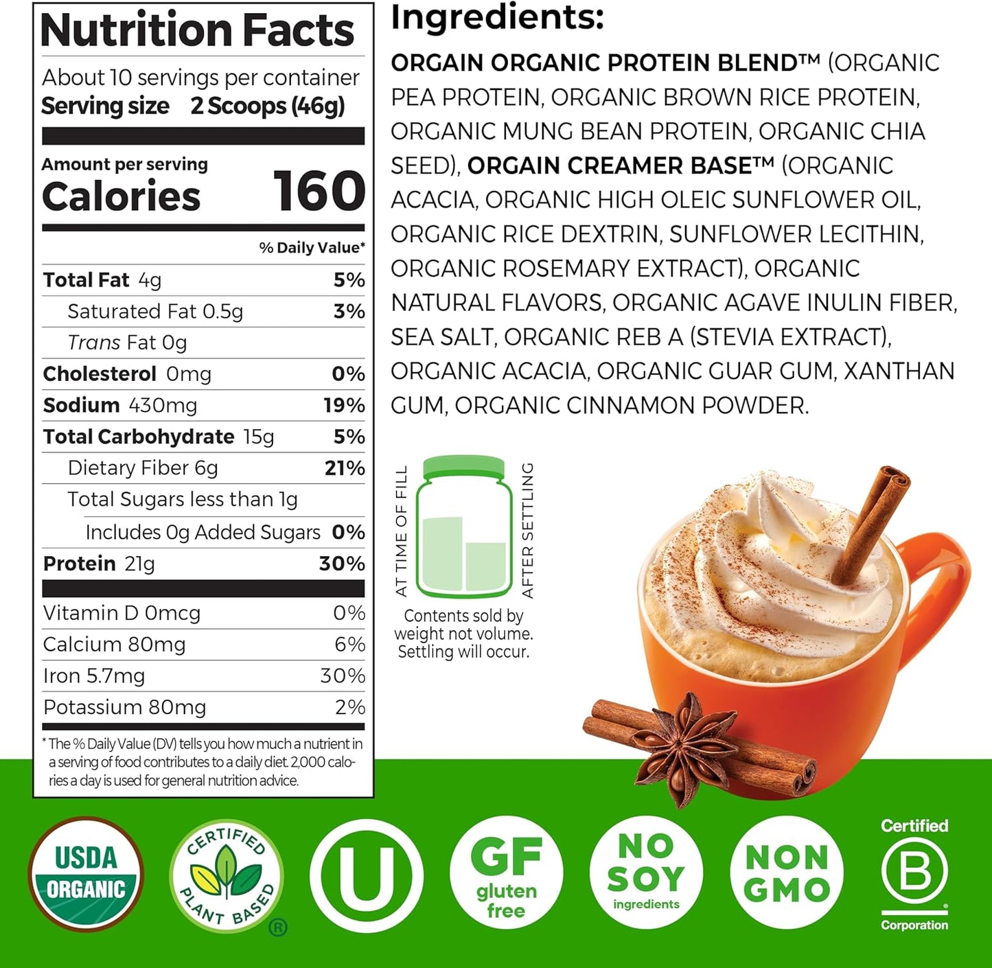 Organic Vegan Protein Powder, Pumpkin Spice Seasonal Flavor - 21G of Plant Protein, 5G Prebiotic Fiber, No Lactose Ingredients, No Added Sugar, Non-Gmo, for Shakes & Smoothies, 1.02 Lb